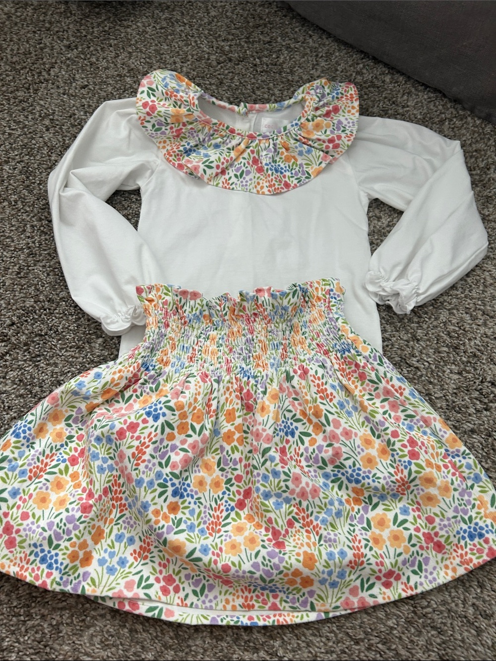 Girls White Top & Floral Skirt Matching Set - White with Multicolor Floral